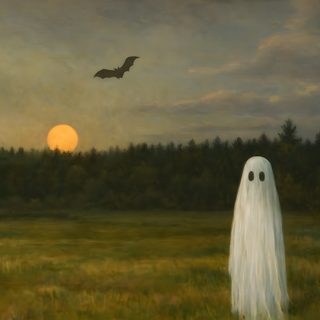 a painting of a ghost standing in a field Vintage Halloween Desktop Free Desktop Spooky, Halloween Laptop Aesthetic, Computer, dark olive green