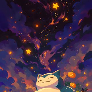 a cat sitting on top of a lush green field under a sky filled with stars Halloween Snorlax Halloween Snorlax, Aesthetic Pokemon Iphone, Pokemon Birthday, Snorlax Fanart, midnight blue