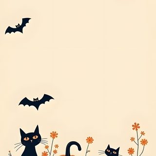 two black cats sitting next to each other on top of a field with bats and flowers Halloween - Bats And Cats - Cream Cute Halloween With Cats, Halloween Black Cat Background, Happy Halloween Cute, blanched almond