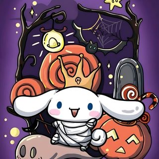 an image of a cartoon character with pumpkins and bats in the background on a purple background Cinnamon Roll Halloween dark slate gray