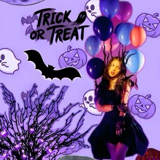 a girl with balloons in her hand and a halloween theme on the wall behind her Halloween Olivia Rodrigo Halloween, Best Friends Forever, Pop Star, Trick Or Treat, Phone, medium purple