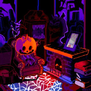 a teddy bear sitting in a chair next to a fire place 8 Bit Halloween black
