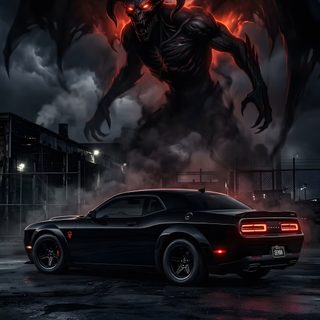 a black car parked in front of a demon Halloween Hellcat Dodge Srt, Balerion The Black Dread, Dodge Challenger Srt, 8k, Ram Trucks,