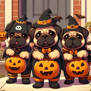 three pug dogs dressed up as witches and pumpkins on the front steps of a house Halloween Pug sienna