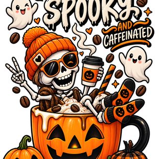 a skeleton in a pumpkin mug surrounded by halloween decorations Halloween Coffee coral
