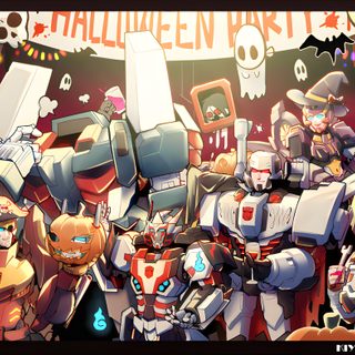 a group of cartoon characters standing next to each other in front of a halloween sign Transformers Halloween Transformers New Years, Transformers Halloween Art, Transformers Group Picture, dim gray