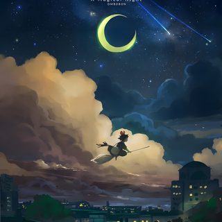 an anime character flying through the night sky with a crescent moon in the background and stars above Studio Ghibli Halloween Osono Kikis Delivery Service, Kiki And Osono, Kikis Delivery Service Flying Scene, dark slate gray