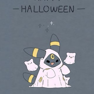 a halloween card with an image of a cat dressed as a ghost Cute Eevee Halloween Pokémon, Pokémon Halloween, Halloween Pokémon, Pokemon, dim gray