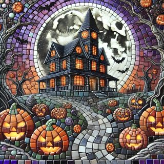 a halloween scene with pumpkins and a house Halloween Celtic Tiles Custom Halloween, Halloween Cat Mosaic, dim gray