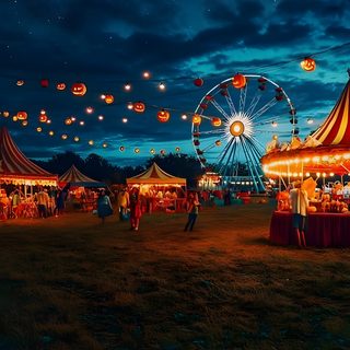 a carnival at night with people walking around the fairground and lights in the sky Halloween Carnival The Carnival, Autumn Carnival, Country Carnival, Fall Carnival Background, black
