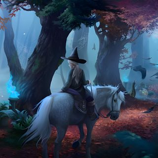 a man riding on the back of a white horse through a forest filled with trees Star Stable Halloween 1920x1080 Fantasy Horse Riding, Stables Fantasy Art, Fantasy Horse Stable, dark slate gray