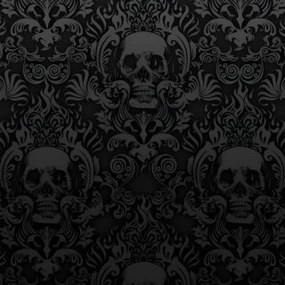 a black and white wallpaper with skulls on it's back ground, in the middle Damask Halloween Sf, Goth, Gothic, Skull, Damask, Black Skulls,