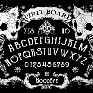 an old fashioned font with two skulls on the front and bottom, surrounded by trees Halloween Ouija Board Vintage Ouija Board With Cats, Ouija Board Black Cat, Ouija Board For Cats,