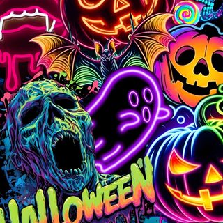 a bunch of neon colored halloween items on a black background with the words happy halloween written in Rainbow Halloween Bud Spencer Terence Hill, Halloween Live, Bud Spencer, Rainbow Halloween, dark slate gray
