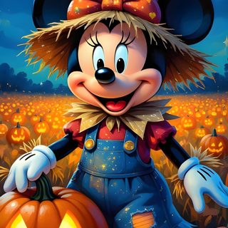a mickey mouse dressed up as a scarecrow with pumpkins in front of it Mickey Mouse Halloween Iphone Halloween Cute, Happy Halloween Pictures, Autumn Minnie Mouse, dark slate gray