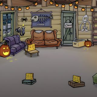 a cartoon living room with pumpkins on the floor and lights strung from the ceiling Club Penguin Halloween Club Penguin Lodge, Club Penguin Halloween, Penguin Place Background, dim gray