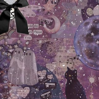 an artistic painting with cats, ghost and stars on the background in purple tones for halloween Aesthetic Purple Purple Aesthetic Cute Halloween Purple Halloween, Purple Aesthetic Cute Halloween, Aesthetic Purple Witch, dim gray
