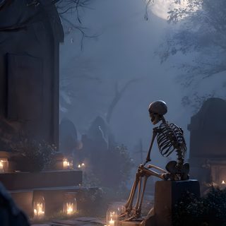 a skeleton sitting on top of a bench in the middle of a park at night Halloween Iphone Skeletons dark slate gray