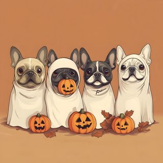 three pug dogs dressed up as ghostes with jack - o'- lantern pumpkins Halloween French Bulldog French Bulldog Fall, French Bulldog Autumn, French Bulldog Fall Background, peru