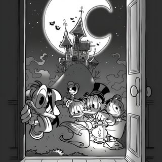 an open door with cartoon characters in it and the moon behind them, as well as a Ducktales Ghosts Of Halloween Ducktales Halloween, dark slate gray