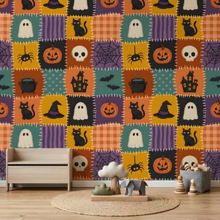 halloween themed wallpaper with pumpkins, jack - o - lanterns and cats Halloween For Kids Room sienna