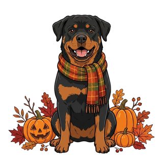 a black and brown dog wearing a scarf sitting next to pumpkins on the ground Halloween Rottweiler white