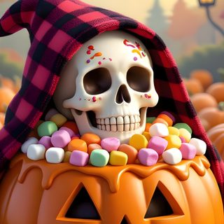 a skull sitting in a pumpkin with candy on it's chest and wearing a hat 3d Halloween sienna