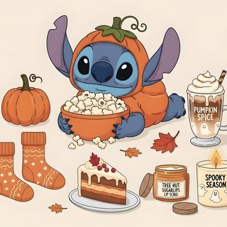 a cartoon character is eating some food and drinking coffee while surrounded by fall leaves, pumpkins, and other items Stitch Halloween Laptop Fall Background, Stitch Drawing, Cute Animal Drawings Kawaii, antique white
