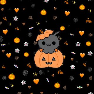 a black background with lots of orange and white hearts, cats and pumpkins on it Kawaii Halloween Halloween Kawaii Cute Black Cat Kitty Halloween Background, Halloween Kitty, Preppy Halloween Cat,