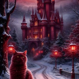 a red cat sitting in front of a castle with pumpkins on the ground next to it Vintage Halloween- Bobcats Castle Gothic Fashion, Goth Fashion, Victorian Gothic, dark slate gray