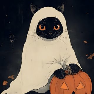 a black and white cat in a ghost costume holding a jack - o'- lantern Halloween Cat For Walls Halloween Cat Aesthetic, Halloween Black Cat, Black Cat Halloween,