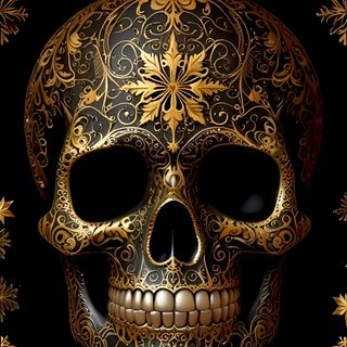 a golden skull with ornate designs on it's face and head, against a black background Black And Gold Halloween Gold Skull Transparent Background, Gold Skull King, Gold Skull Tattoo,