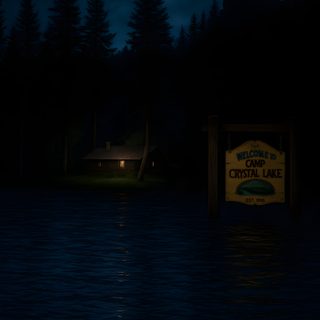 the full moon shines brightly in the night sky over a lake with a sign that reads crystal lake Camp Crystal Lake Halloween Crystal Lake Background, Crystal Lake, Jason Voorhees Crystal Lake, black
