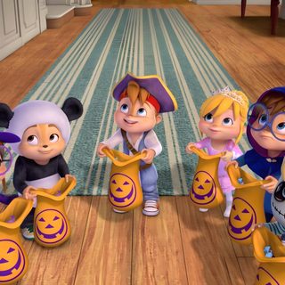 the cartoon characters are holding pumpkins and posing for a group photo in their halloween costumes Alvin And The Chipmunks Halloween Chipettes Halloween, The Chipmunks Halloween, Alvin N The Chipmunks Halloween, gray