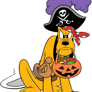 a cartoon dog wearing a pirate hat and holding a pumpkin Pluto Halloween Pluto Halloween Drawing, Disney Pirate Characters Cartoon, Goofy Pirates, white
