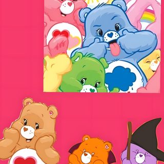 there are four different colored teddy bears on the same page and one has a heart in its mouth Halloween Care Bear salmon