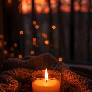 a lit candle sitting on top of a blanket in front of some trees and lights Halloween Candle Glowing Candles, Warm Candlelight, Candle Background, Aesthetic Cozy Autumn Lights, black