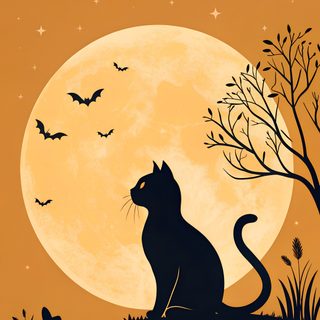 a black cat sitting in front of a full moon with bats flying over the tree Halloween Cat Themed Halloween Cat Themed, Halloween Black Cat Orange Background, Halloween Cat Phone, peru