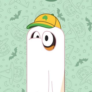 a cartoon character wearing a hat and standing in front of a green background Bluey Halloween light gray