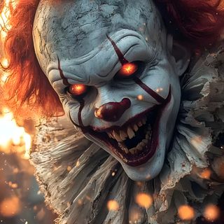 a creepy clown with red hair and glowing eyes Scary Clown Halloween Africa Art Design, Joker Artwork, Viking Art, Promo Flyer, dark olive green