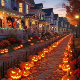 many pumpkins are lit up in front of a house with lights on the windows Halloween Town Aesthetic Halloween Street Background, Halloween Neighborhood Background, Halloween Road, saddle brown