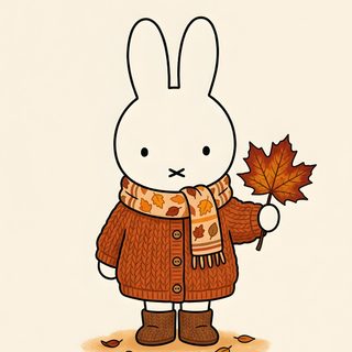 a white rabbit holding a leaf and wearing an orange jacket with the words happy thanksgiving written on it Miffy Halloween beige