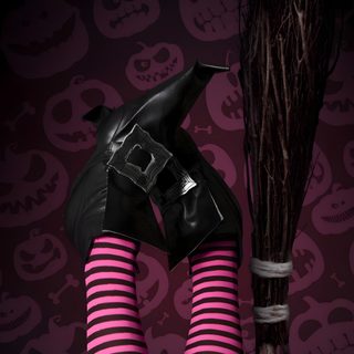 a woman in pink and black striped stockings holding a broom Happy Halloween Stockings Witch Broomstick, Witches Backgrounds, Witch Facebook Cover Photos, black