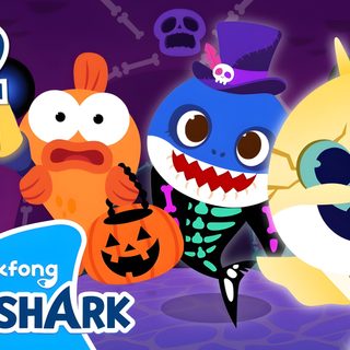 the cartoon baby shark is smiling for the camera Baby Shark Halloween Cute Scary Shark, Pinkfong Baby Shark Zombie, Baby Shark Halloween Super Simple Songs, dim gray