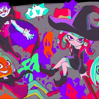 an image of some cartoon characters in halloween costumes Splatoon Halloween Splatoon Halloween, Splatoon Halloween Background, Splatoween Official Art, dim gray