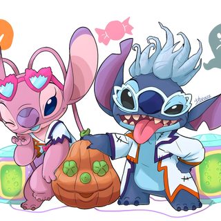 two cartoon characters are holding pumpkins in their hands Halloween Stitch And Angel Stitch And Angel Halloween, Stitch Halloween Drawing, Halloween Stitch Drawing, lavender blush