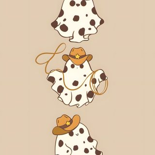 three dalmatian dogs with hats on their heads, one wearing a cowboy hat Cowboy Ghost Halloween Kawaii Dog, Cowboy Ghost Background, Cute Cartoon Aesthetic, wheat