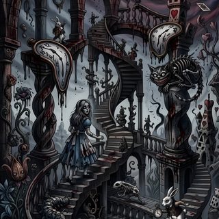 an illustration of a staircase leading up to a skull - like building with lots of skulls on it Halloween Alice Custom Alice Madness Returns Phone, Alice In Madness, Gothic Wonderland, dark slate gray