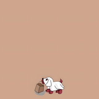 a white dog laying on top of a brown floor next to a brick wall with a box in it's mouth Clifford Halloween Halloween, Holiday, Autumn Phone, Cute Images For, Halloween Backgrounds, Snoopy, tan