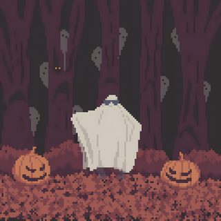a pixellated image of a ghost and two pumpkins on the ground in front of trees Halloween Pixel Art Gif Magazine Art, Pixel Art, Magazine, Digital Art, Halloween, dark slate gray